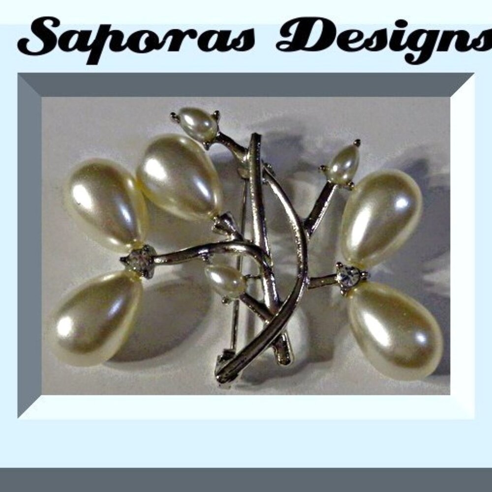 Silver Tone Flower Design Brooch With White Faux Pearls